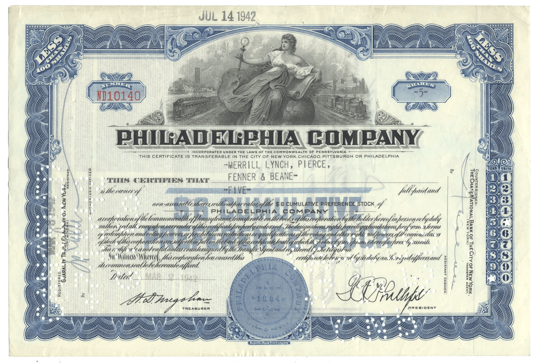 Vintage stock certificate of the Philadelphia Company with decorative elements and a statue illustration.