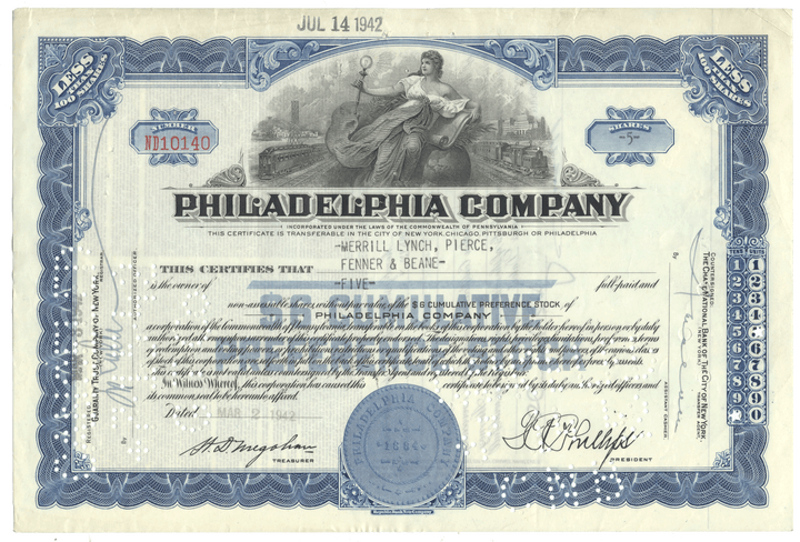 Vintage stock certificate of the Philadelphia Company with decorative elements and a statue illustration.