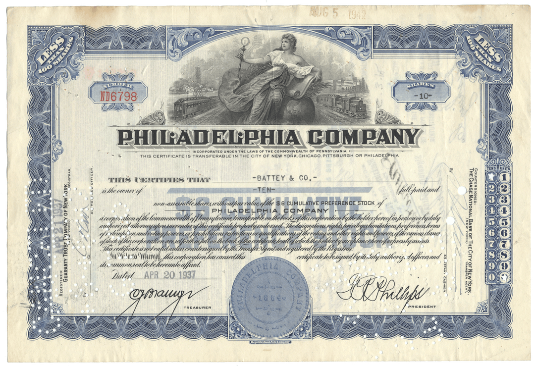 Philadelphia Company Stock Certificate