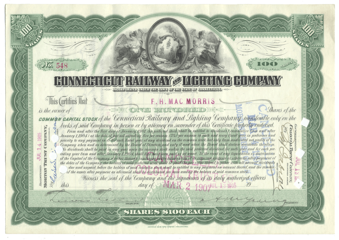 Historical stock certificate from the Connecticut Railway and Lighting Company