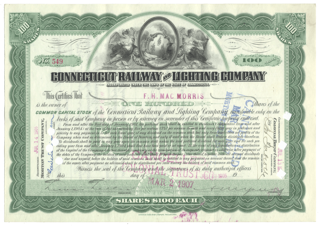 Stock certificate from the Connecticut Railway and Lighting Company with green and white design from 1905