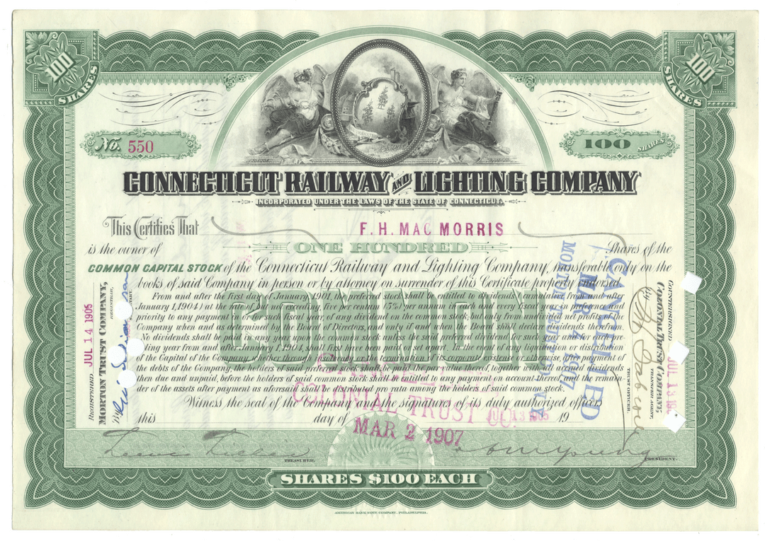 Share certificate from the Connecticut Railway and Lighting Company with green border and text.