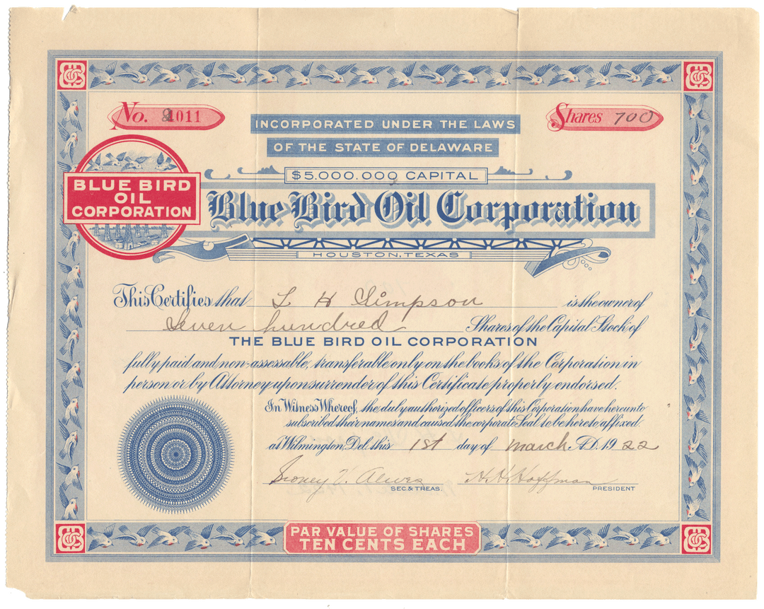 Blue Bird Oil Corporation stock certificate with decorative border and text