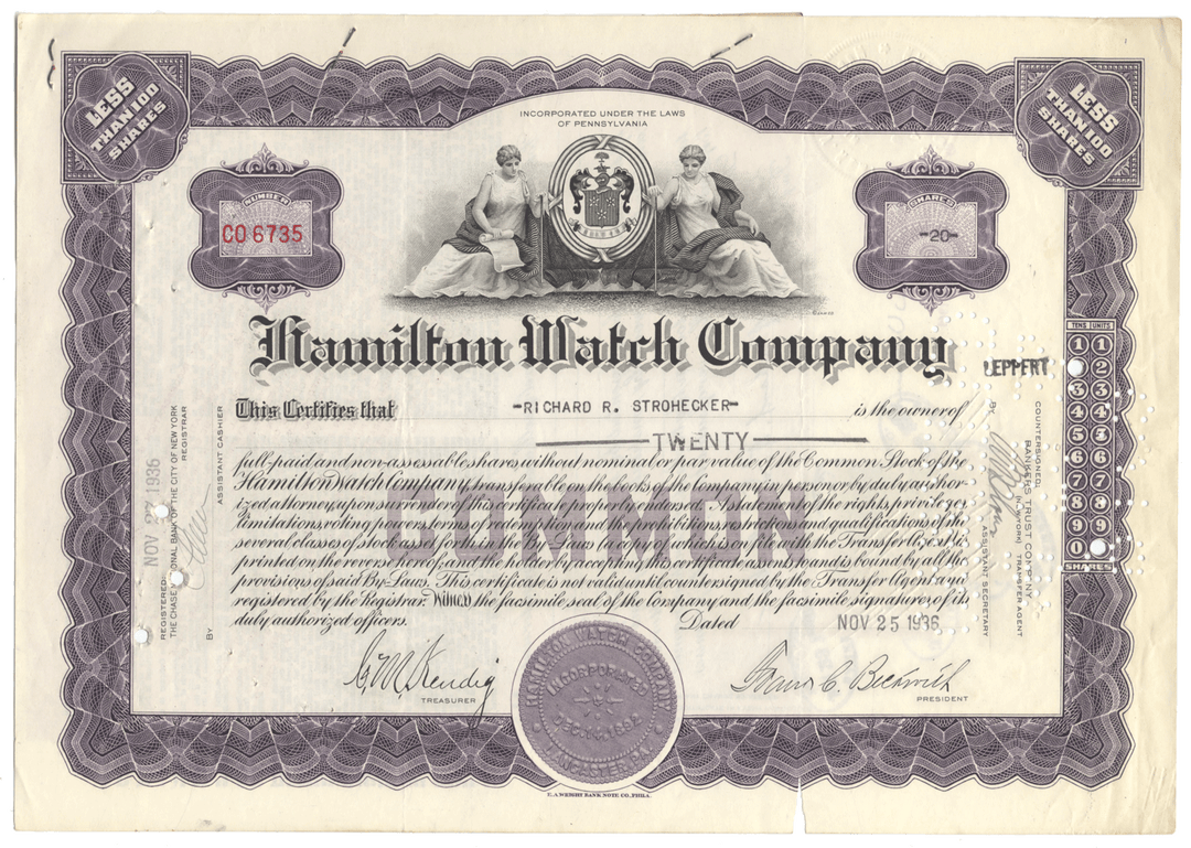 Hamilton Watch Company Stock Certificate