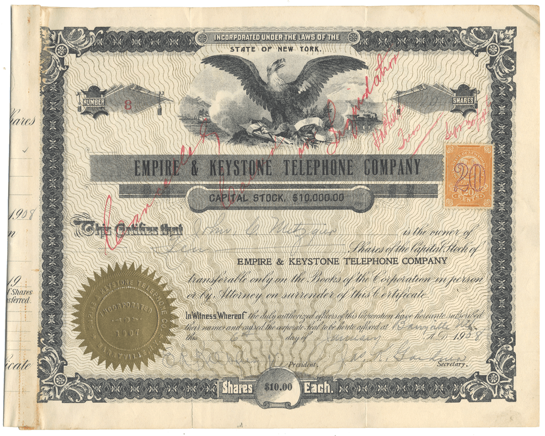 Empire & Keystone Telephone Company Stock Certificate