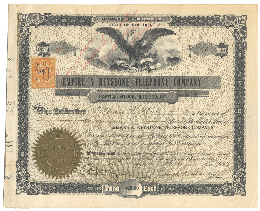 Vintage stock certificate for Empire & Keystone Telephone Company from 1909