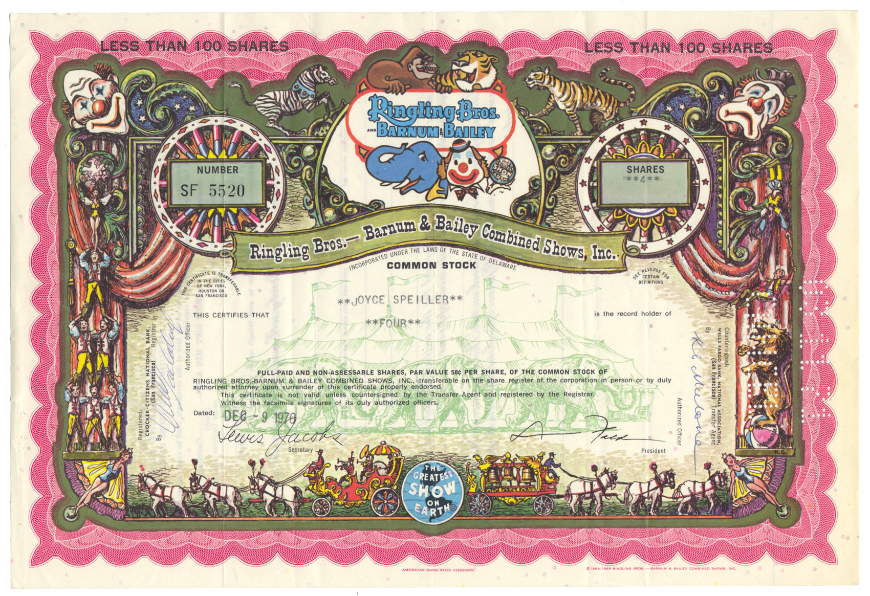 Ringling Bros. - Barnum & Bailey Combined Shows, Inc. Stock Certificate