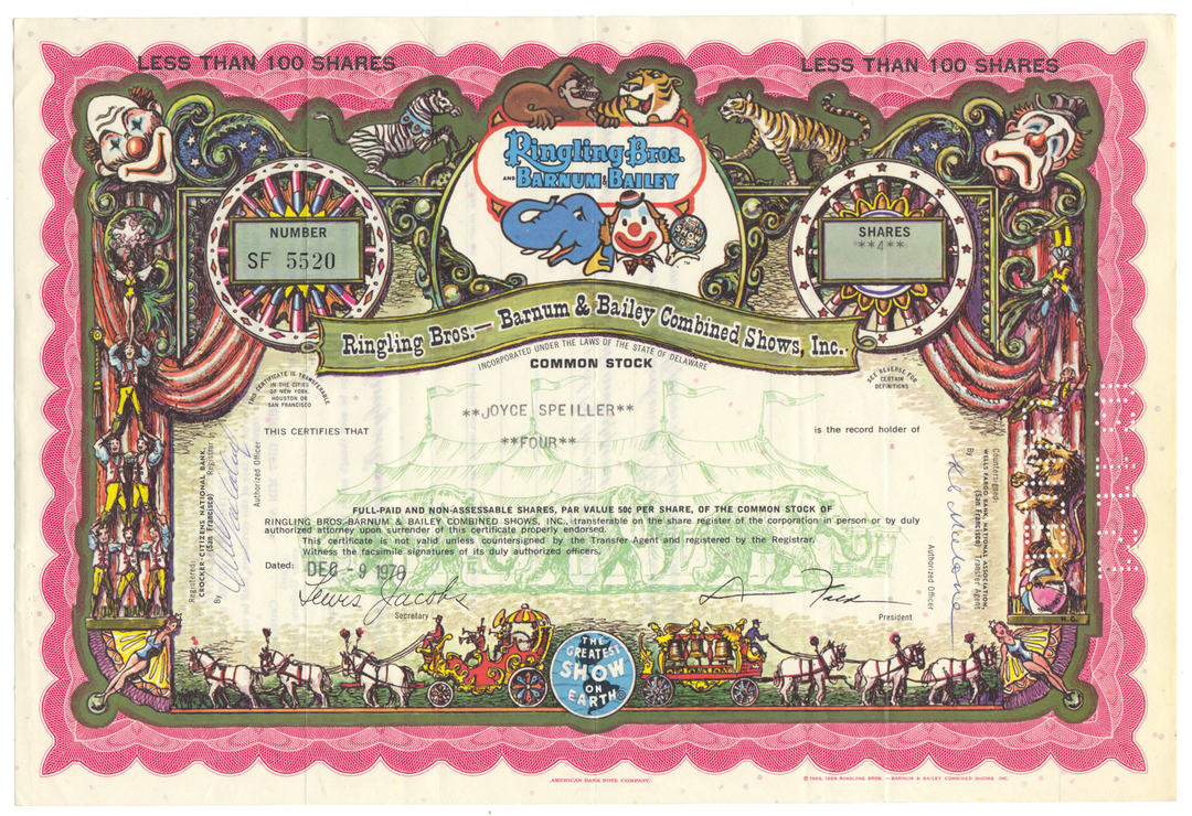 Ringling Bros. - Barnum & Bailey Combined Shows, Inc. Stock Certificate