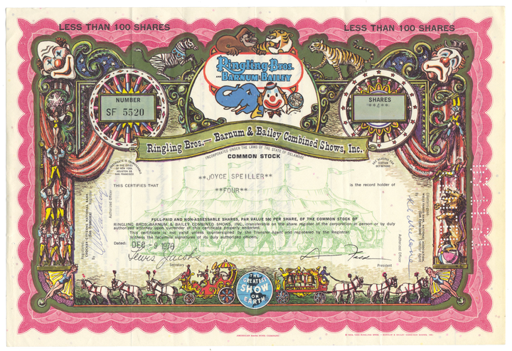 Ringling Bros. - Barnum & Bailey Combined Shows, Inc. Stock Certificate