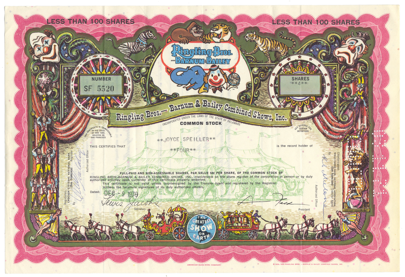 Ringling Bros. - Barnum & Bailey Combined Shows, Inc. Stock Certificate