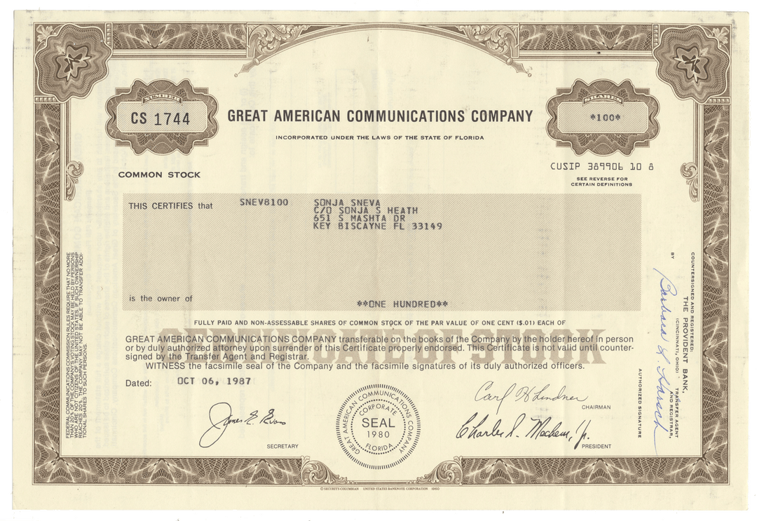Vintage stock certificate from Great American Communications Company from 1987