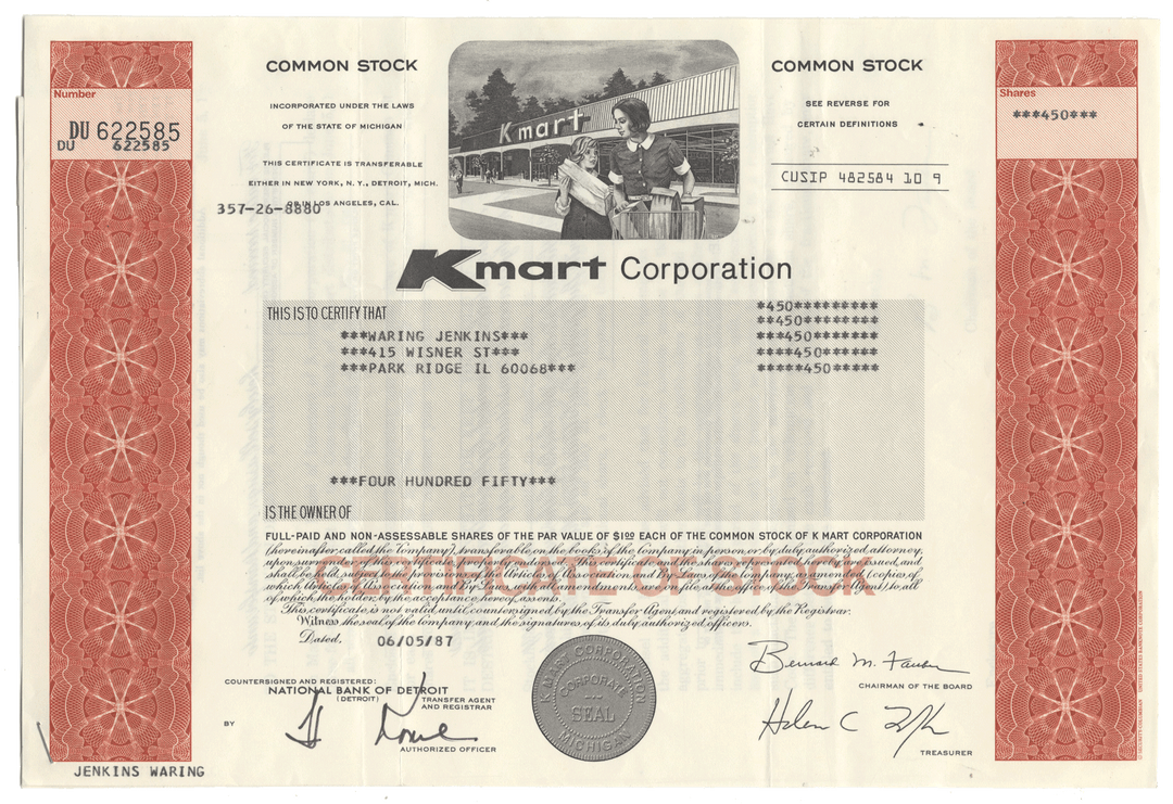 Kmart Corporation stock certificate from 1987