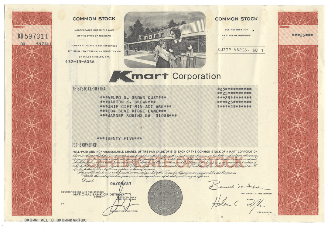 A vintage Kmart Corporation stock certificate  from 1987 with a storefront vignette
