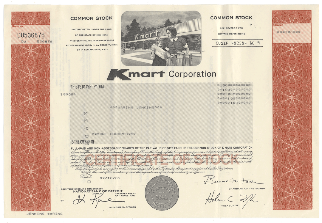 Kmart Corporation stock certificate with storefront vignette from 1985