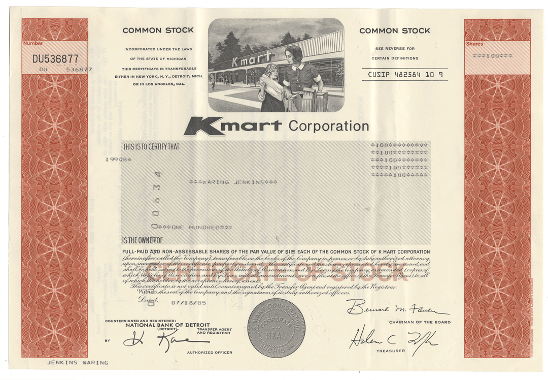 Vintage Kmart Corporation stock certificate