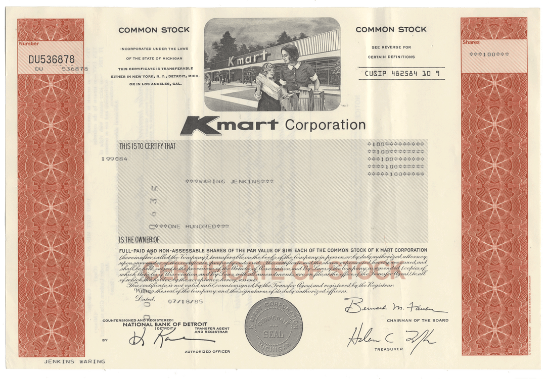 Kmart Corporation stock certificate from 1985