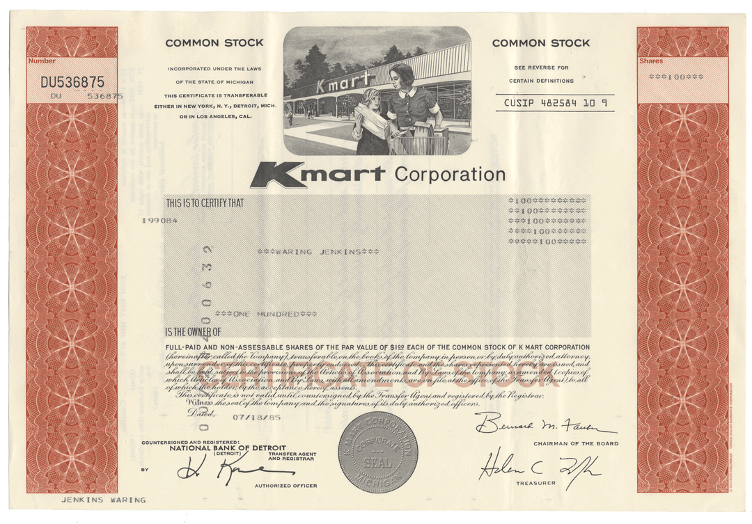 Vintage Kmart Corporation stock certificate