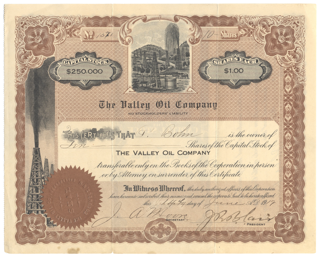 Valley Oil Company Stock Certificate