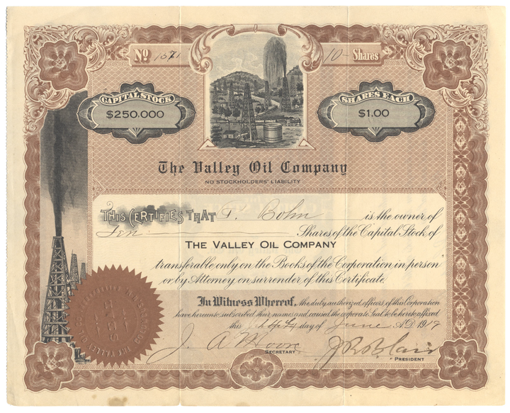 Valley Oil Company Stock Certificate