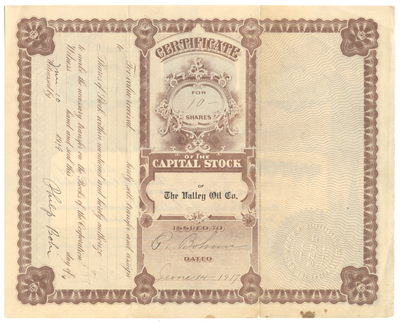 Valley Oil Company Stock Certificate
