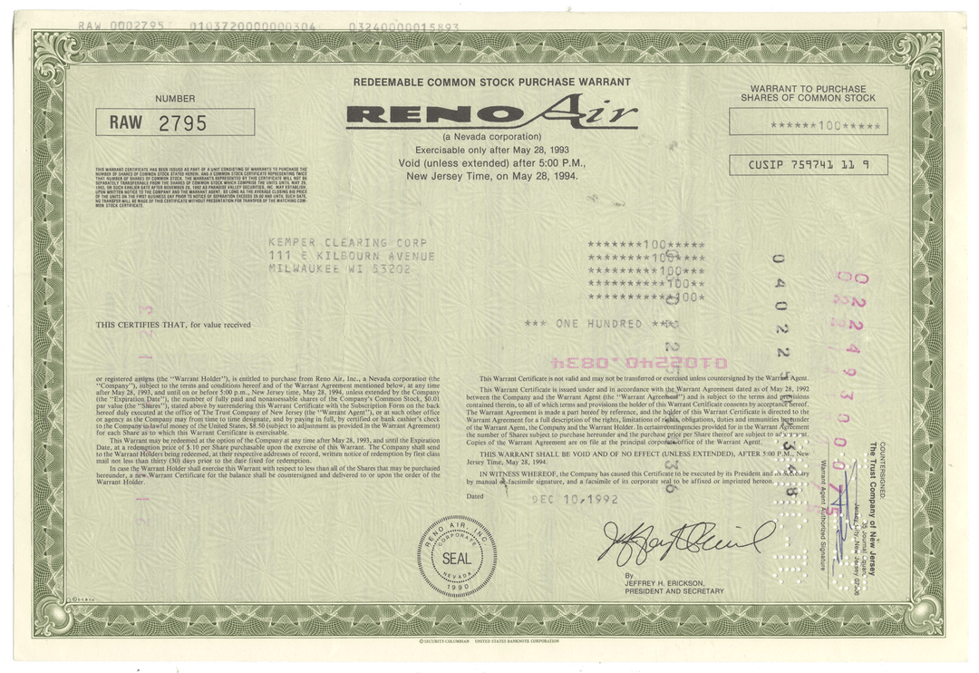 Reno Air stock stock warrant certificate