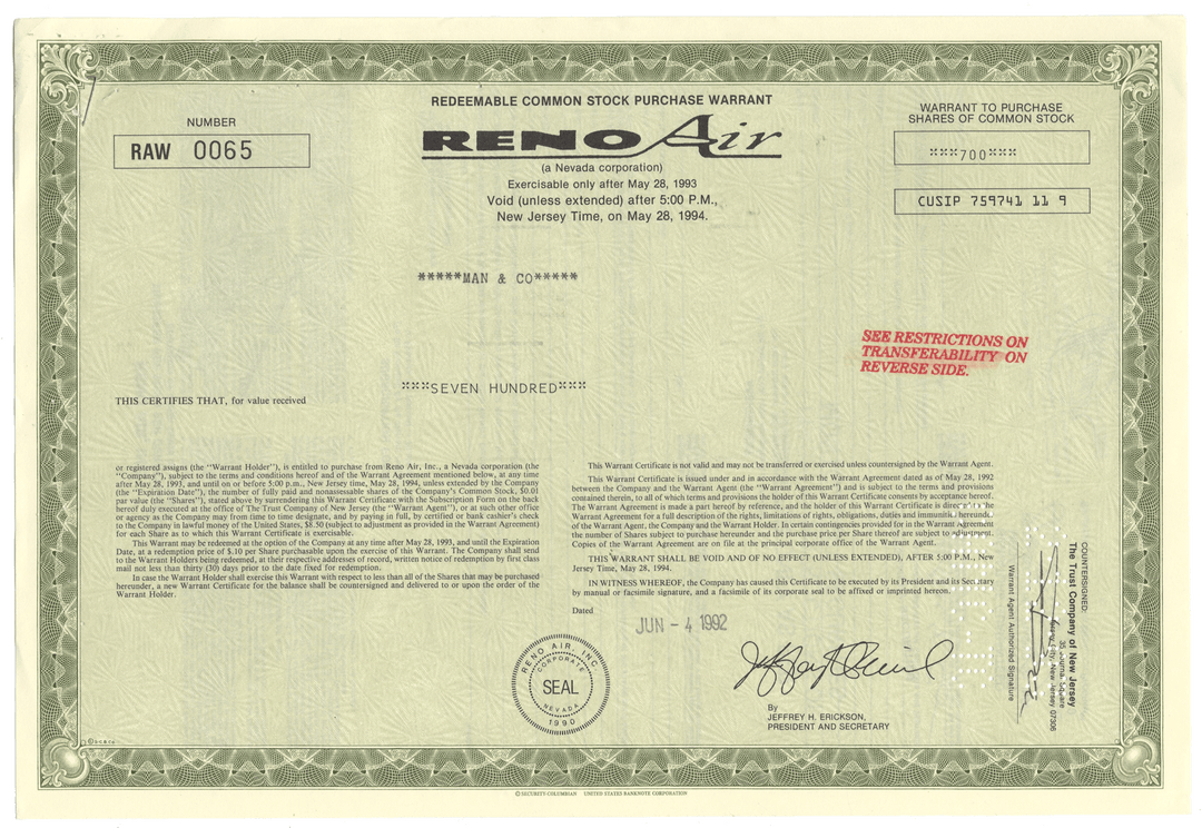 Reno Air Stock Certificaate