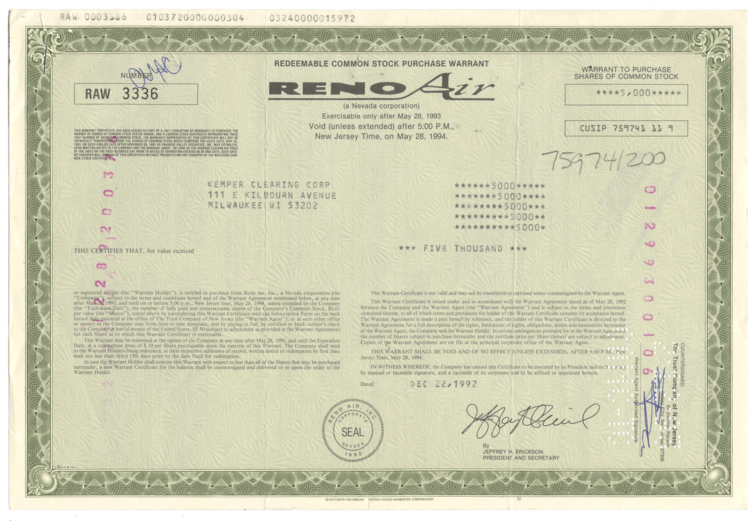 A vintage RENO Air common stock purchase warrant certificate from 1992