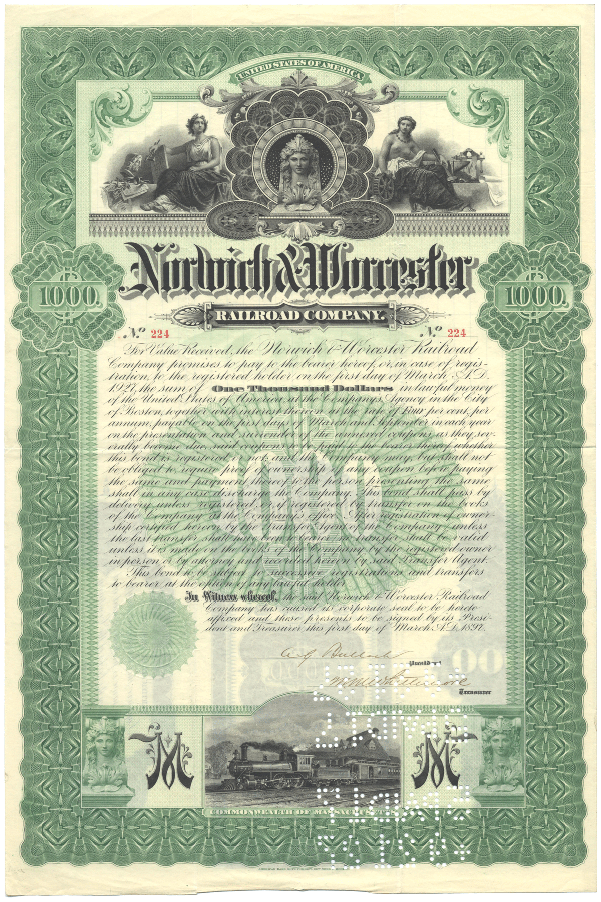 Norwich & Worcester Railroad Company Stock Certificate