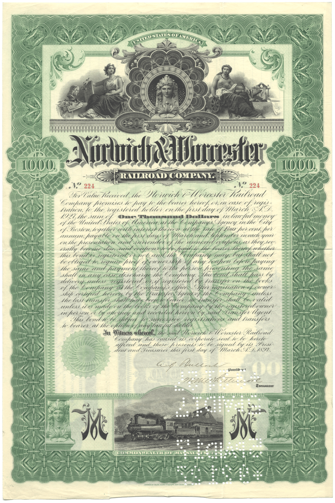 Norwich & Worcester Railroad Company Stock Certificate