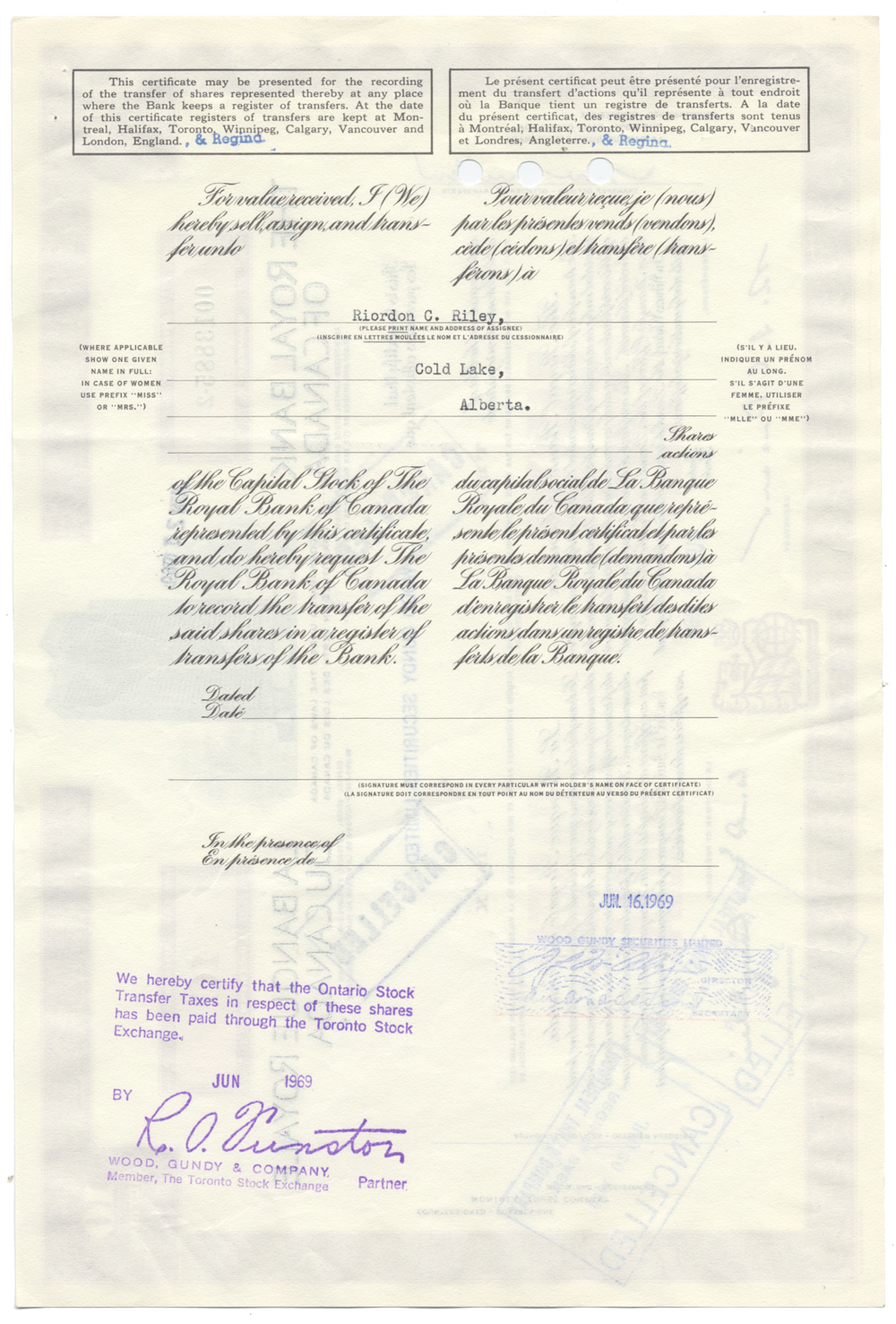 Royal Bank of Canada Stock Certificate