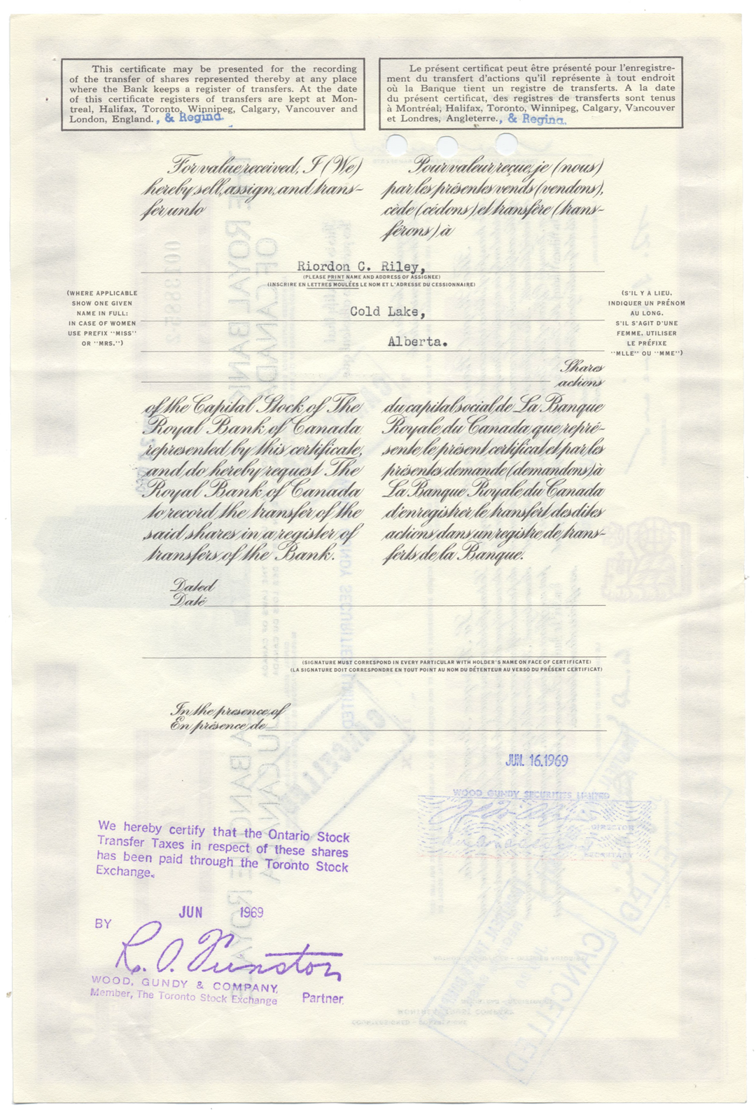 Royal Bank of Canada Stock Certificate