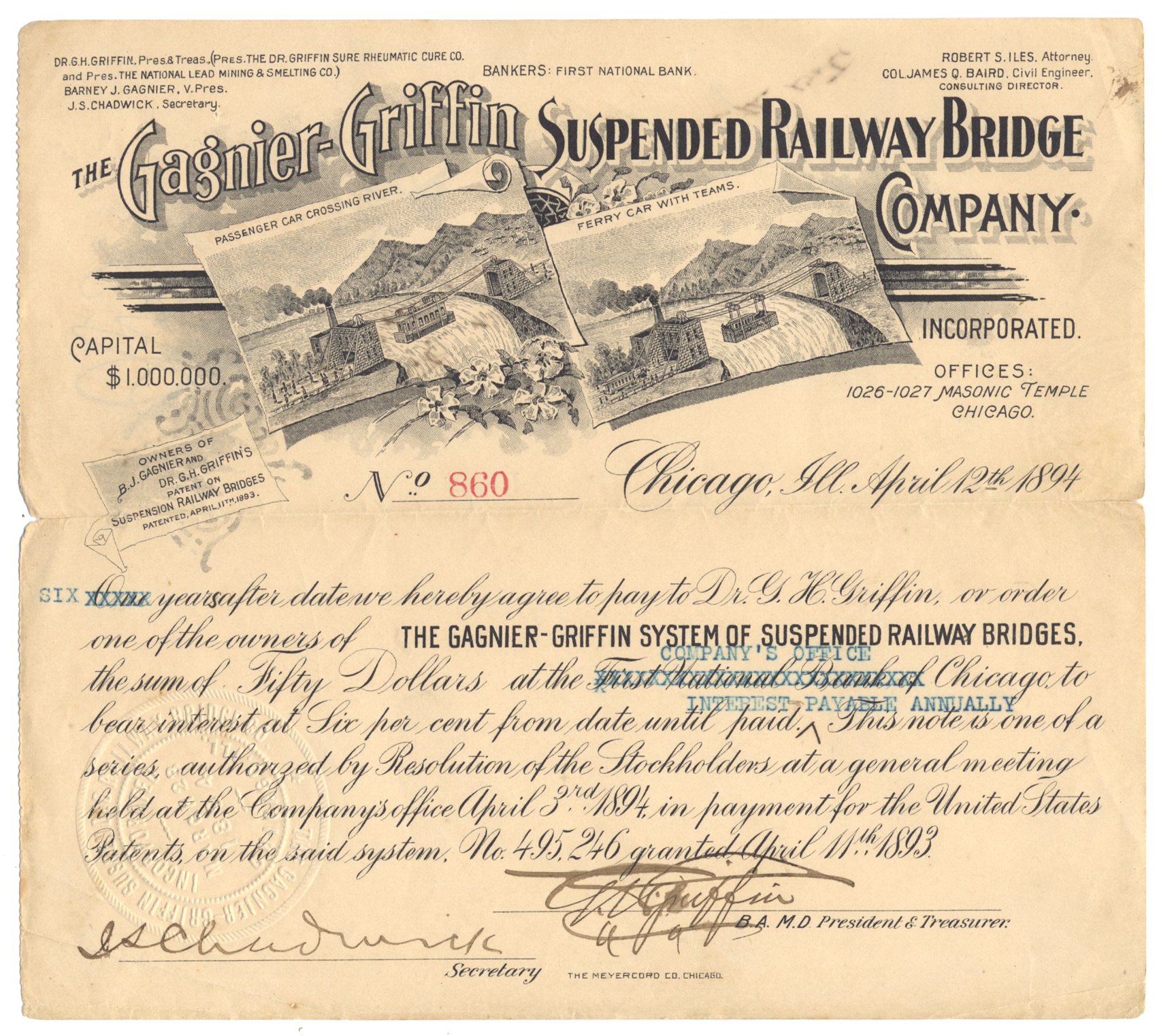 Gagnier-Griffin Suspended Railway Bridge Company, Incorporated Bond Certificate