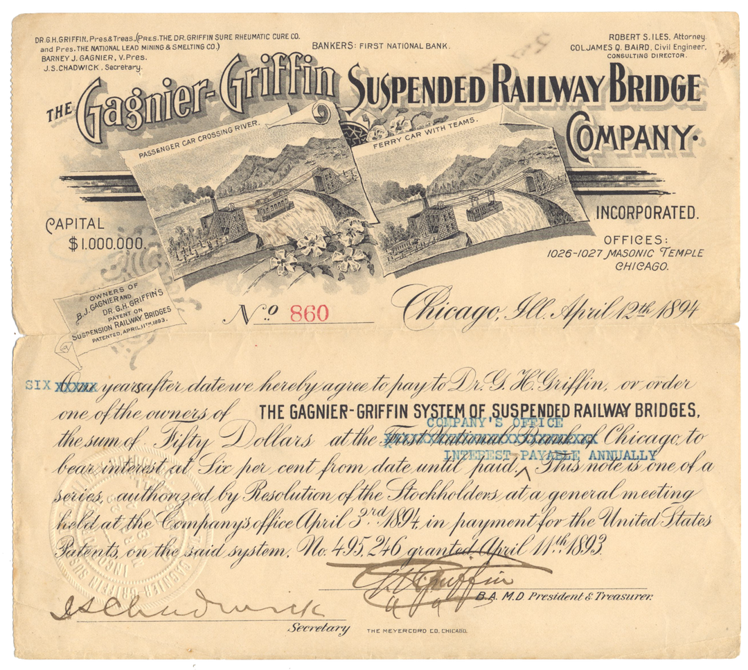 Gagnier-Griffin Suspended Railway Bridge Company, Incorporated Bond Certificate