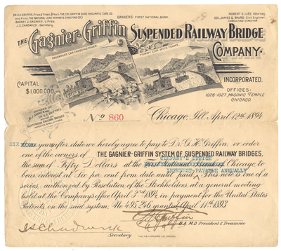 Gagnier-Griffin Suspended Railway Bridge Company, Incorporated Bond Certificate