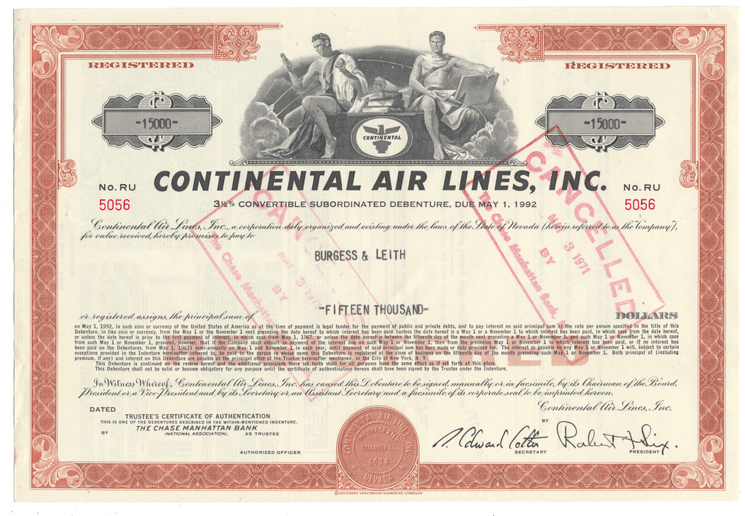 Vintage Continental Airlines, Inc. stock certificate 