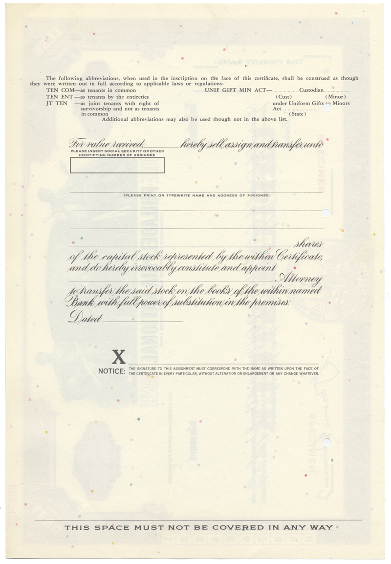 Philadelphia National Bank Specimen Stock Certificate
