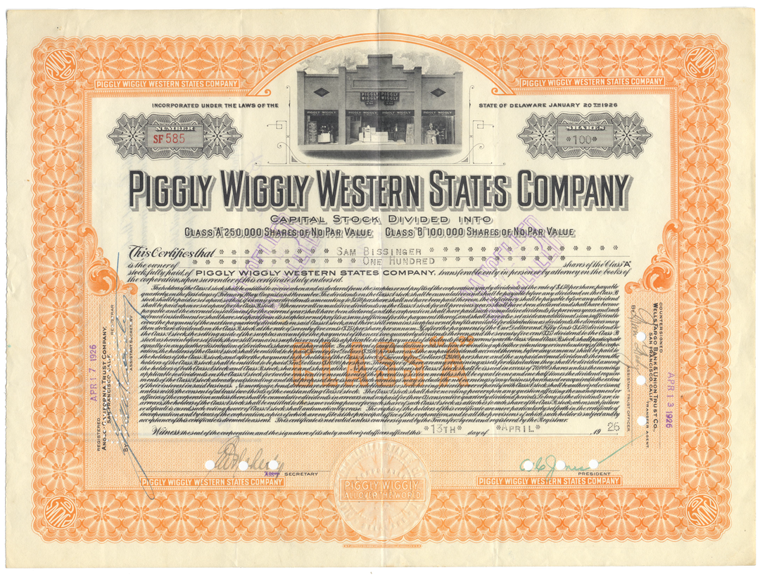 Piggly Wiggly Western States Company Stock Certificate