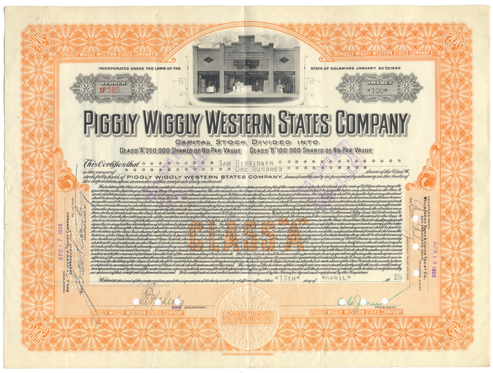 Piggly Wiggly Western States Company Stock Certificate