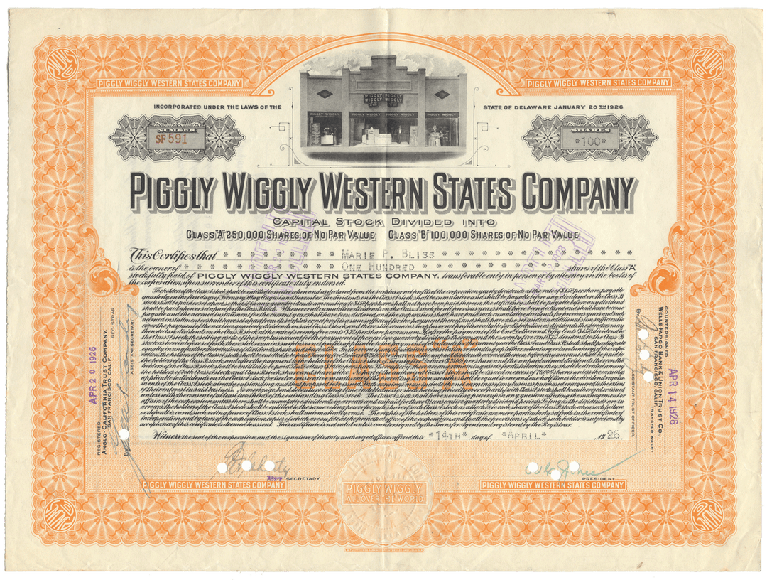Piggly Wiggly Western States Company Stock Certificate