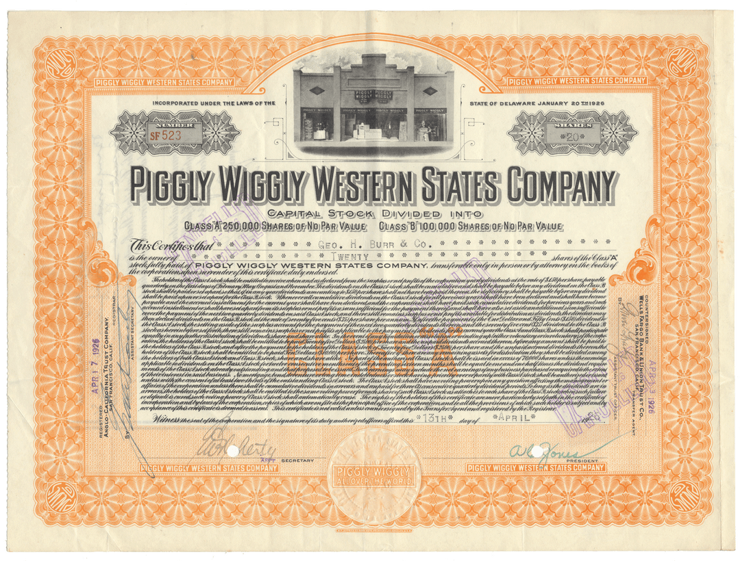 Vintage stock certificate for Piggly Wiggly Western States Company with decorative border and text.