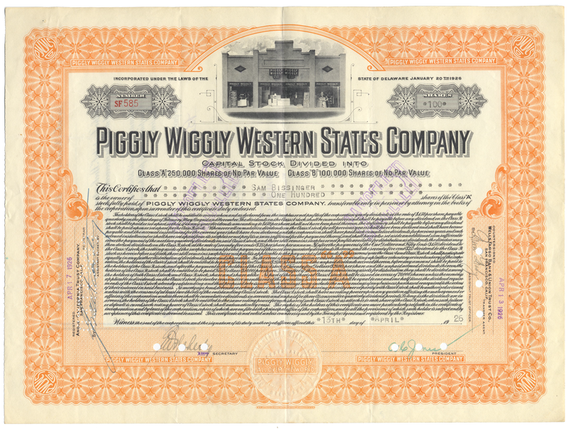 Piggly Wiggly Western States Company Stock Certificate