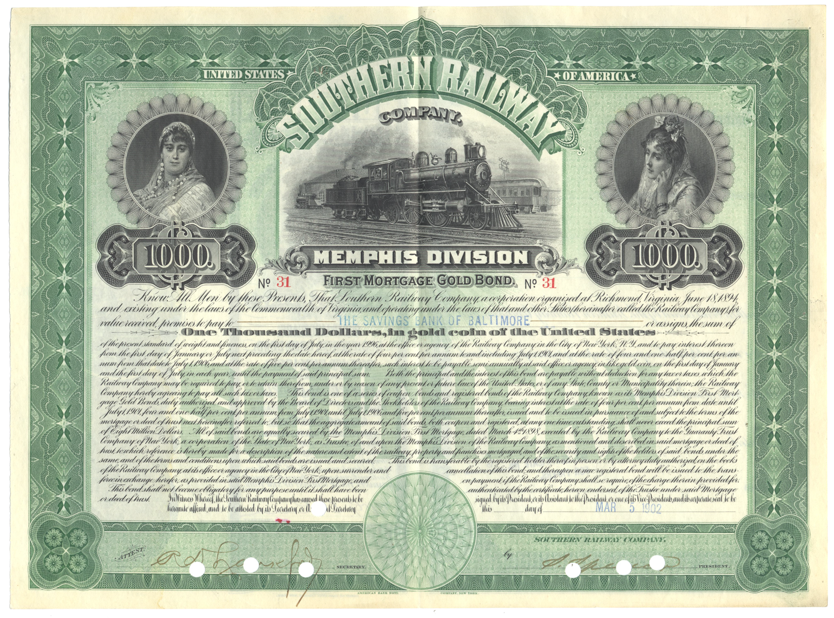 Southern Railway Company Memphis Division Bond Certificate