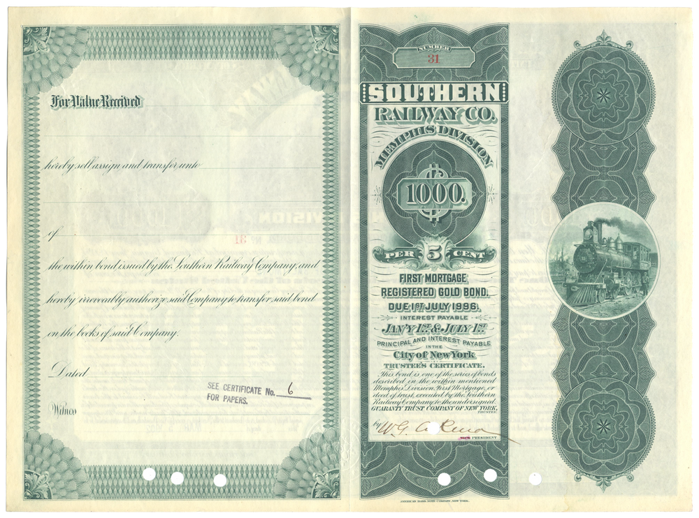 Southern Railway Company Memphis Division Bond Certificate