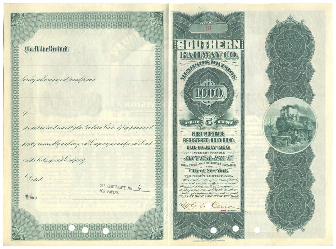 Southern Railway Company Memphis Division Bond Certificate