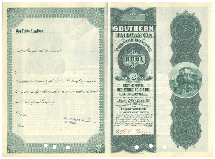 Southern Railway Company Memphis Division Bond Certificate