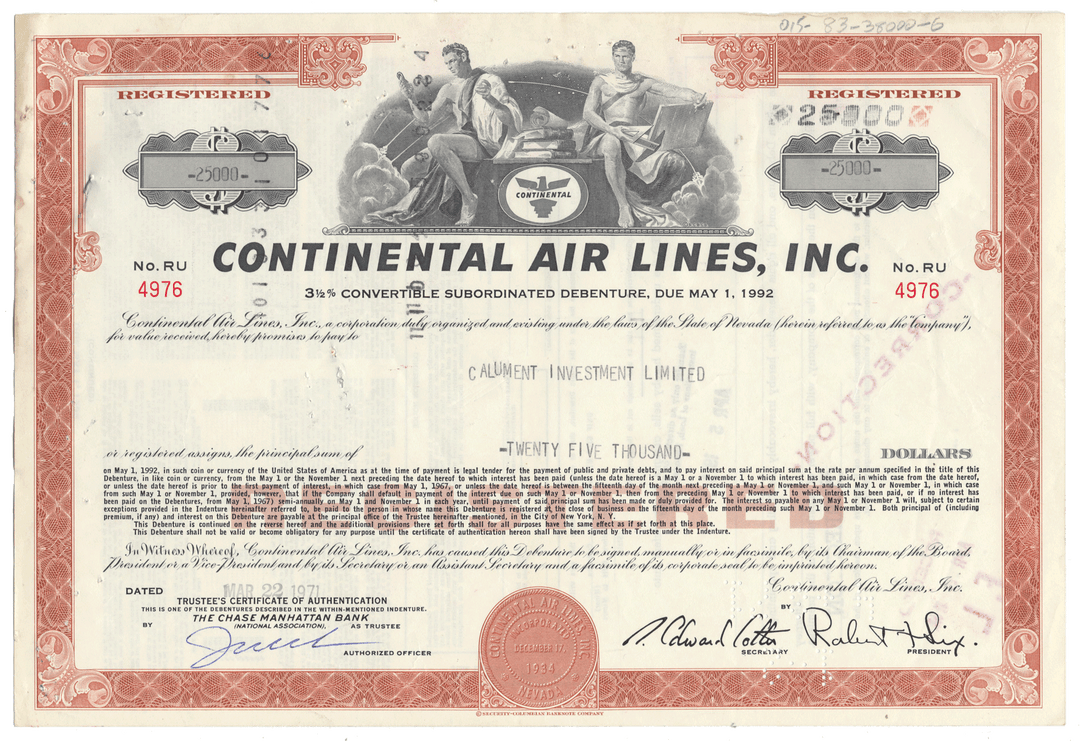 Vintage Continental Airlines, Inc. bond certificate from 1971