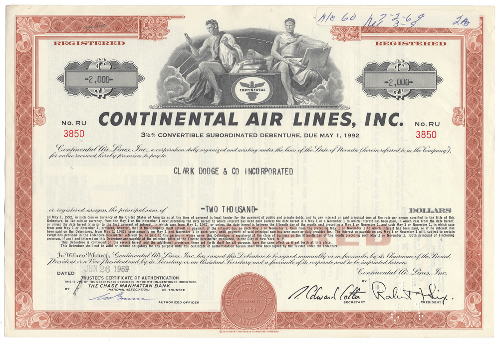 Vintage Continental Airlines, Inc. bond certificate
