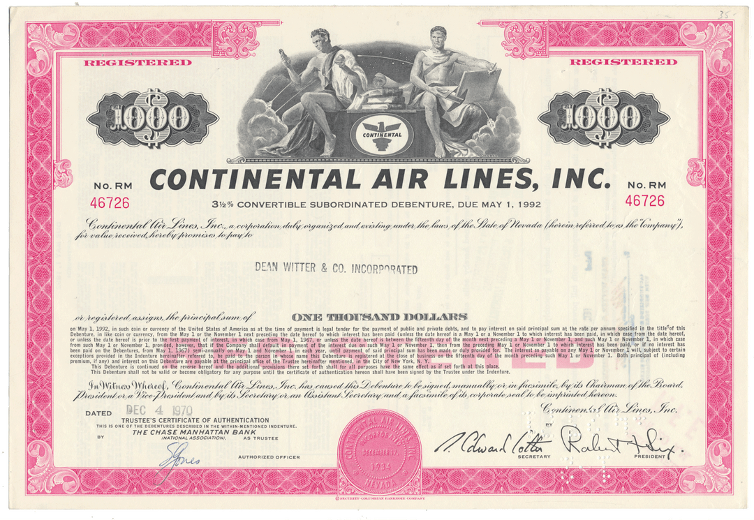 Vintage Continental Airlines, Inc. bond certificate