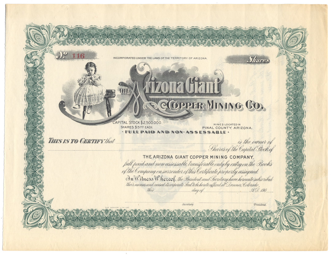 Arizona Giant Copper Mining Company Stock Certificate