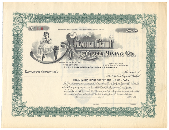 Arizona Giant Copper Mining Company Stock Certificate